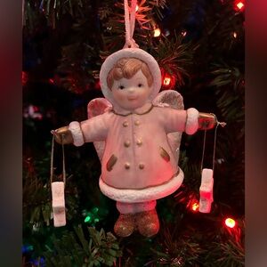Angelic little girl Vintage Christmas ornament with hanging legs/feet & stars